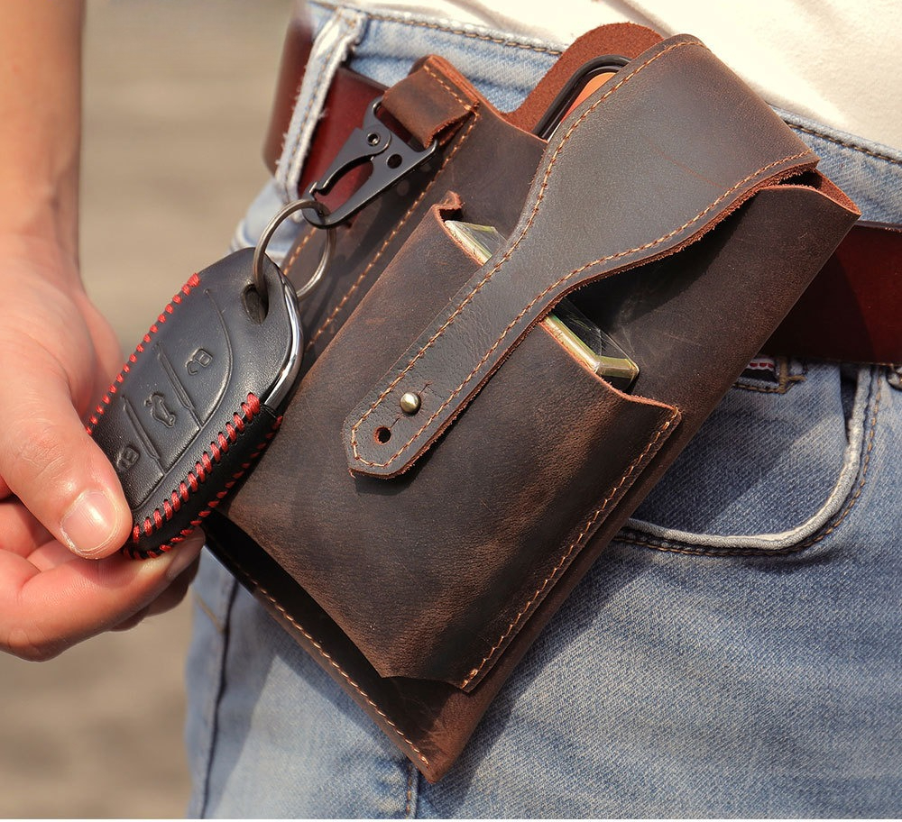 Leather Edc. Carry Pouch - Crazy Horse Leather Phone Holster for